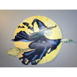 Vintage Eureka Halloween Witch on Broomstick & Bats Die-Cut Decor Cardboard Sign